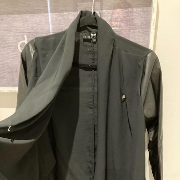 Black long-sleeved shirt / blazer. Combo of faux-leather and chiffon material. - Picture 3 of 4